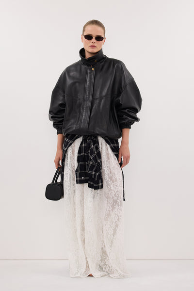Zoe wearing SERIN BLACK LEATHER BOMBER JACKET