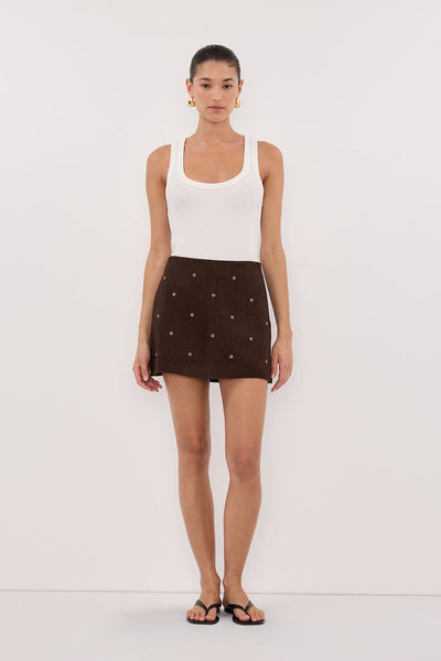 Aude wearing SYLVIE BITTER CHOC SUEDE MINI SKIRT
