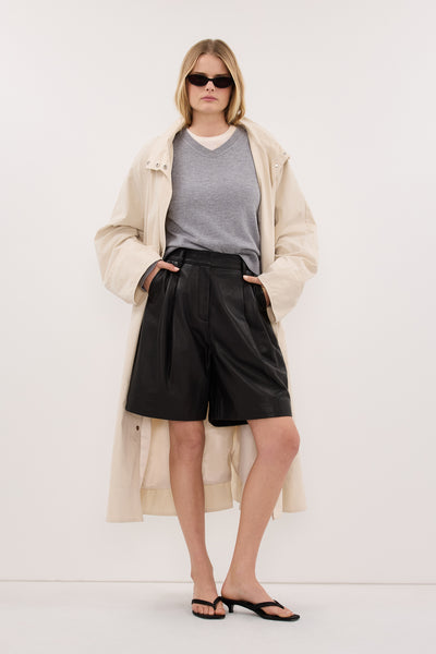 Stas wearing MAYFAIR BLACK LEATHER BERMUDA SHORT