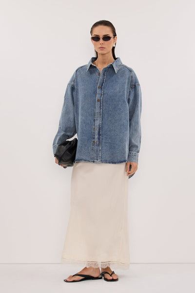 Stas wearing ASHTON CLASSIC BLUE OVERSIZED DENIM SHIRT