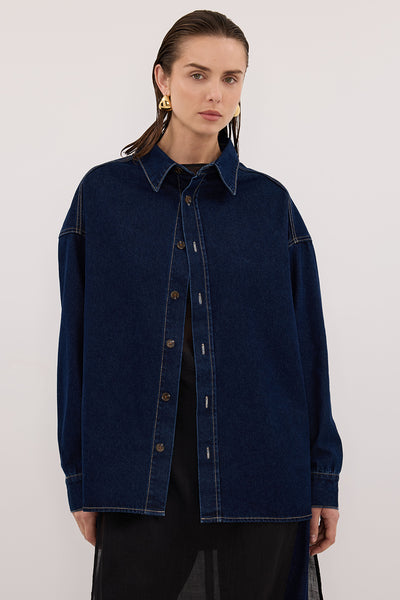 Stas wearing ASHTON INDIGO OVERSIZED DENIM SHIRT