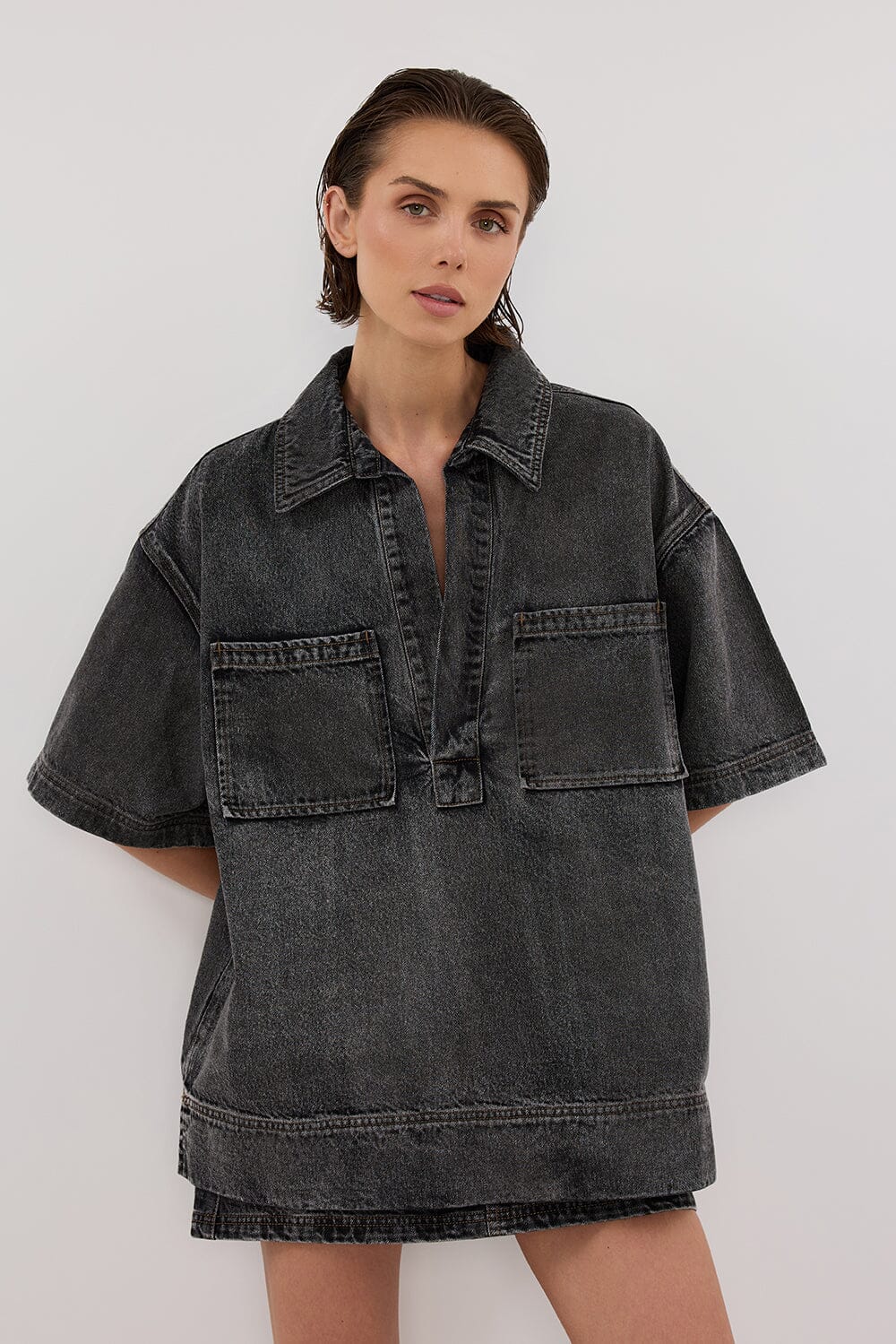 MASON WASHED BLACK BOXY DENIM SHIRT Clothing DISSH Boutiques 
