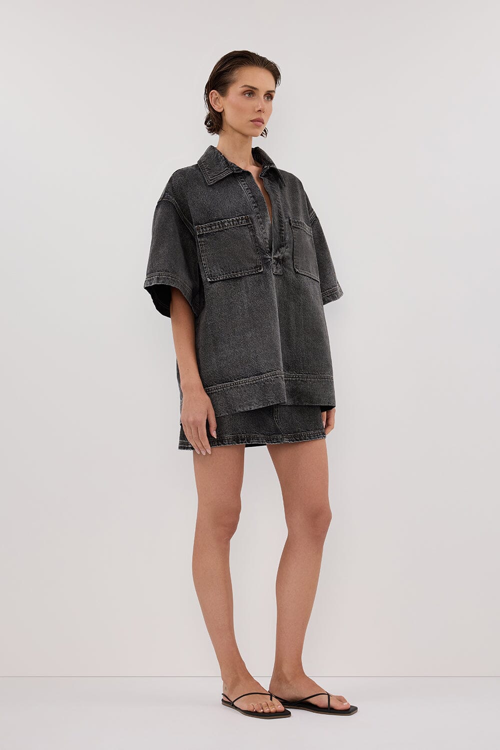 MASON WASHED BLACK BOXY DENIM SHIRT Clothing DISSH Boutiques 