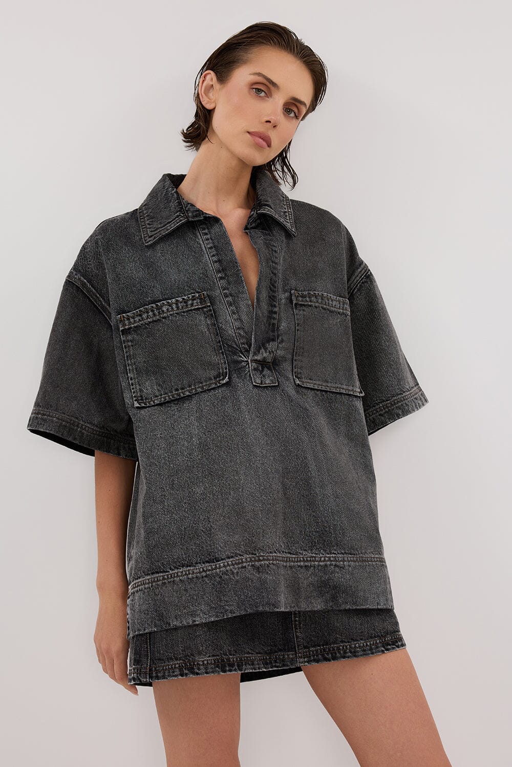 MASON WASHED BLACK BOXY DENIM SHIRT Clothing DISSH Boutiques 