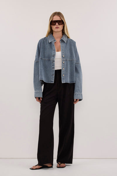 Zoe wearing BROOKE CLASSIC BLUE DENIM SHIRT