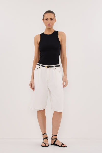 Stas wearing CHARLIZE BLACK SLEEVELESS KNIT TANK