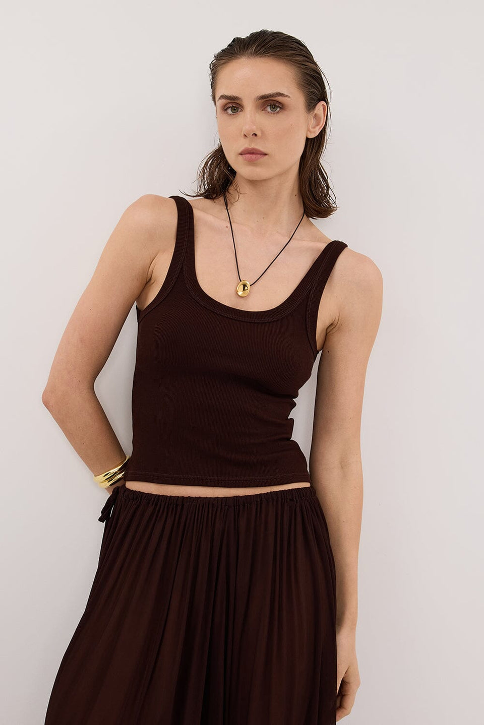 PHOEBE BURNT CHOC SLEEVELESS SCOOP NECK TANK Clothing DISSH Boutiques 