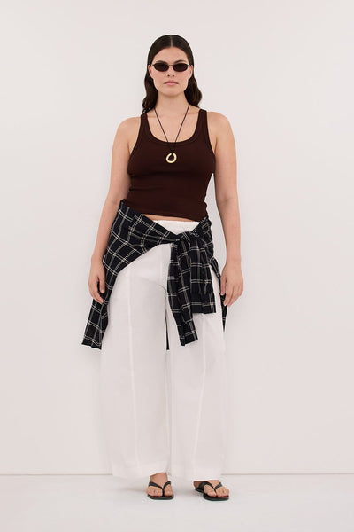 Jasmine wearing PHOEBE BURNT CHOC SCOOP NECK TANK TOP