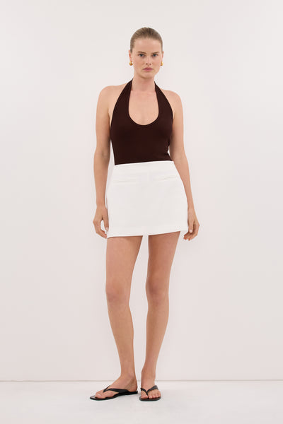 Zoe wearing HARLAN BURNT CHOC KNIT HALTER TOP