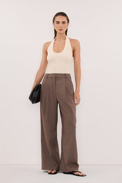 Stas wearing HARLAN SANDSTONE KNIT HALTER TOP
