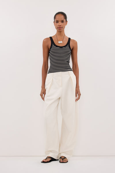 Kristen wearing PENNY BLACK SLEEVELESS STRIPE KNIT TANK TOP