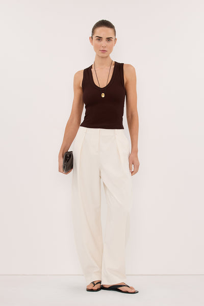 Stas wearing YASMIN BURNT CHOC SLEEVELESS KNIT TANK