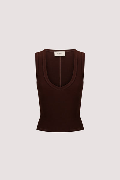 Holly wearing YASMIN BURNT CHOC SLEEVELESS KNIT TANK