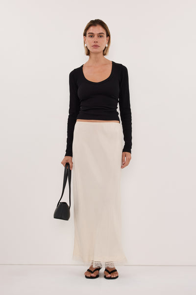 Joanna wearing YASMIN BLACK LONG SLEEVE KNIT TOP