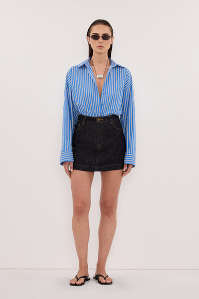 Joanna wearing KERA RAW INDIGO DENIM A LINE SKORT
