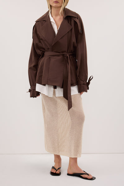 Zoe wearing ANNE NATURAL OPEN KNIT MIDI SKIRT