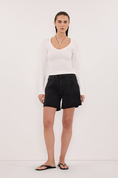 Stas wearing MARLEY BLACK RINSE DENIM SHORT