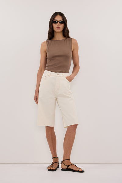 Helena  wearing REAGAN CREAM DENIM BERMUDA SHORT - PRE ORDER