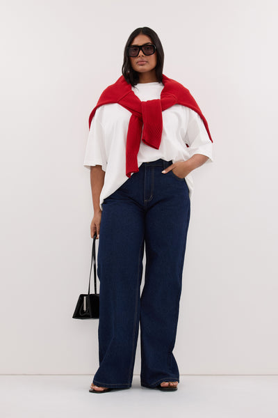 Shanaya wearing REAGAN 2.0 INDIGO TALL SLOUCHY JEAN