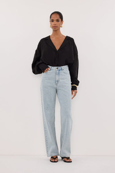 Kristen wearing WESTIN LIGHT RINSE TALL STRAIGHT JEAN
