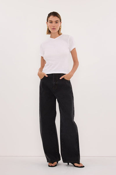Joanna wearing FRANK BLACK RINSE RELAXED JEAN