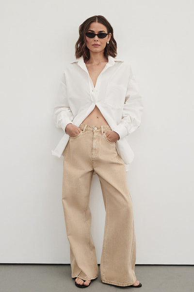 Bambi wearing DREW BUFF WIDE LEG DENIM JEAN