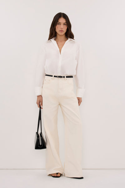 Helena  wearing DREW CREAM WIDE LEG DENIM JEAN