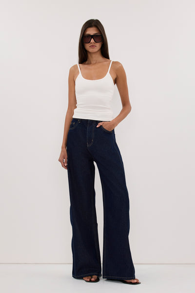 Aida wearing DREW INDIGO WIDE LEG DENIM JEAN