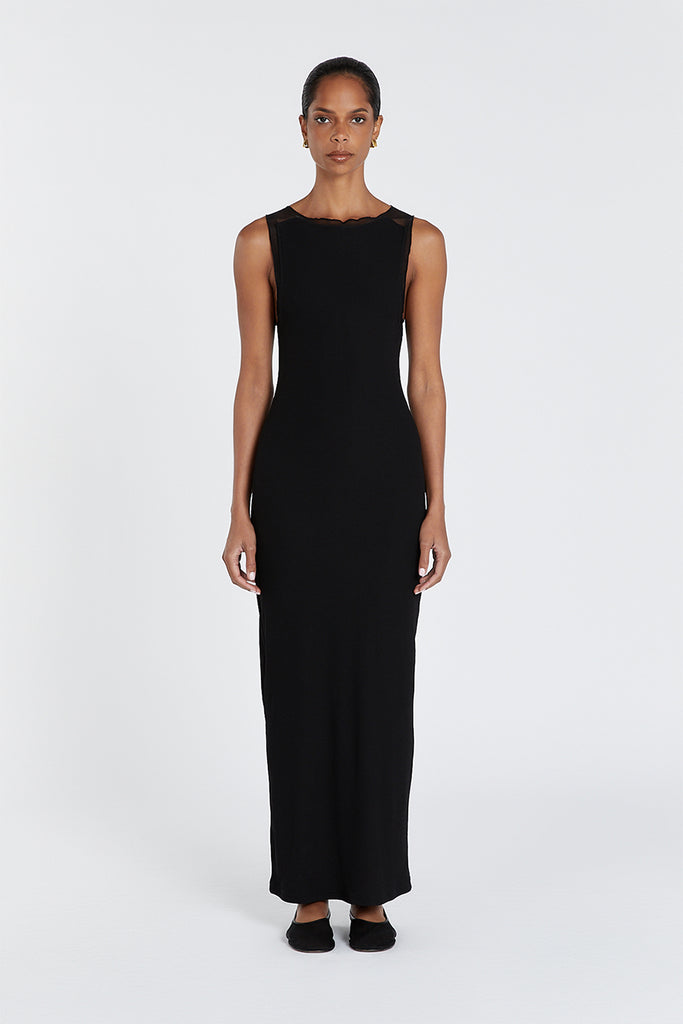 LINA BLACK BOAT NECK MIDI DRESS | Dissh