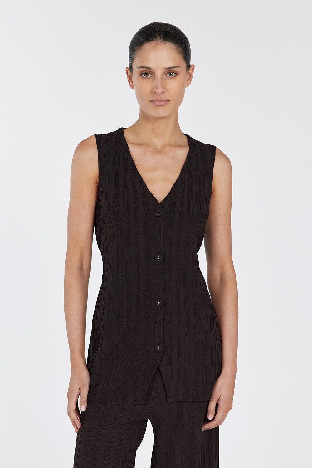 SYLVIA BITTER CHOC LONGLINE VEST Clothing DISSH Boutiques 