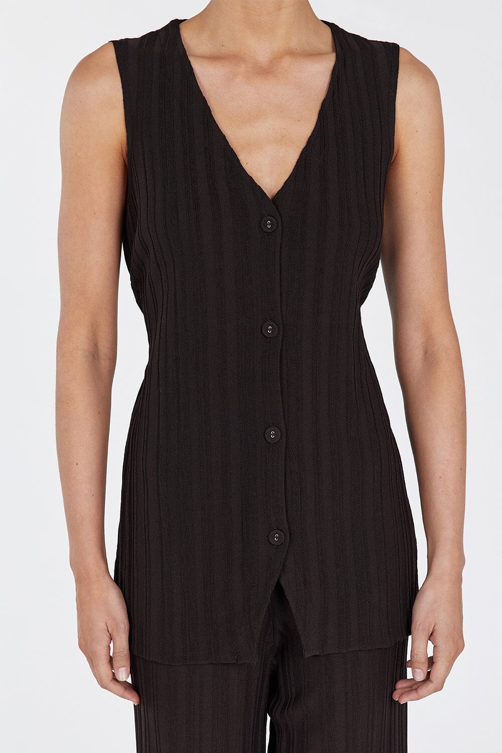 SYLVIA BITTER CHOC LONGLINE VEST Clothing DISSH Boutiques 