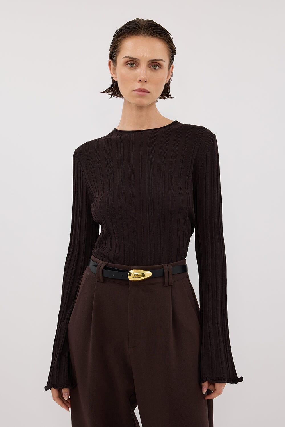 SYLVIA BITTER CHOC CREW KNIT TOP Clothing DISSH Boutiques 