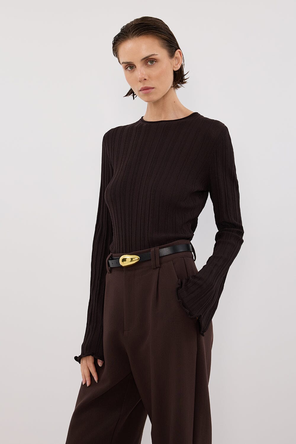 SYLVIA BITTER CHOC CREW KNIT TOP Clothing DISSH Boutiques 