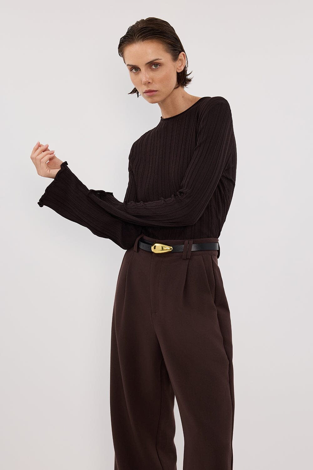 SYLVIA BITTER CHOC CREW KNIT TOP Clothing DISSH Boutiques 