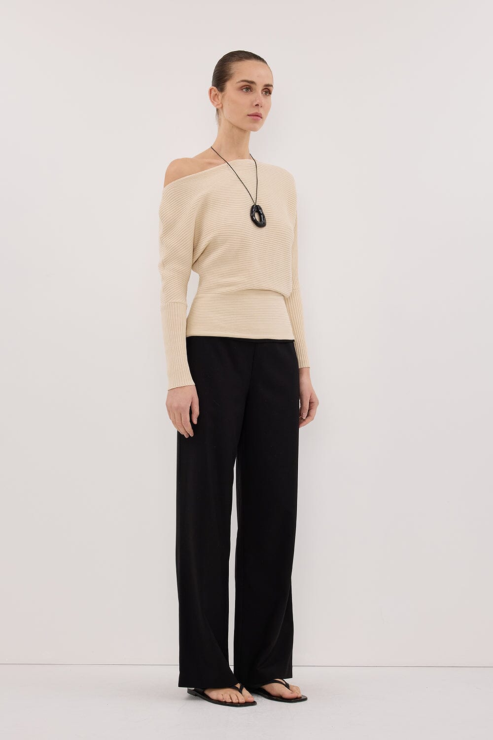 SAGE NATURAL LONG SLEEVE BOAT NECK KNIT TOP Clothing DISSH Boutiques 