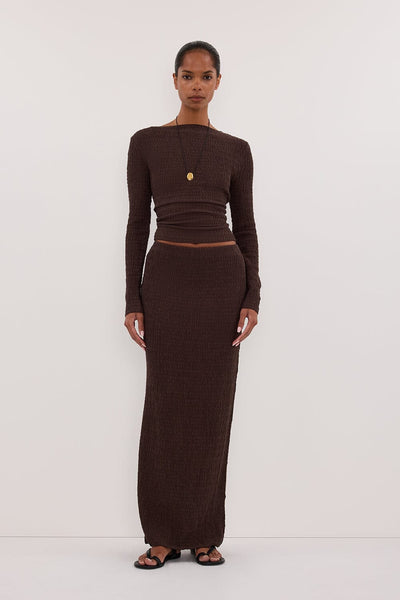 Kristen wearing MELISSA CHOC LONG SLEEVE KNIT TOP
