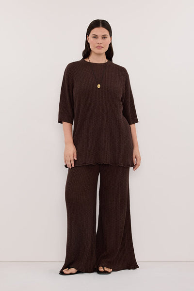 Jasmine wearing MAX CHOC LONGLINE KNIT TEE