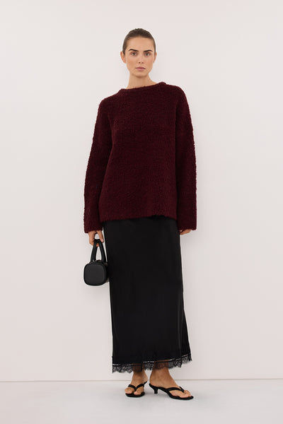 Stas wearing BILLIE WINE TEXTURED KNIT JUMPER