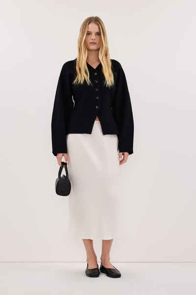 Zoe wearing ETHEL BLACK V NECK CARDIGAN