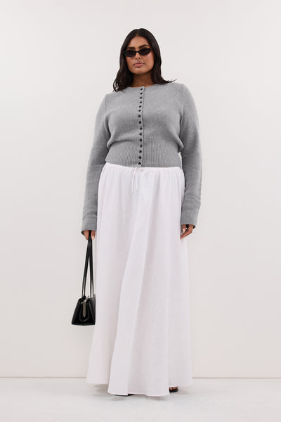 Zoe wearing IRIS GREY MARLE CREW KNIT CARDIGAN