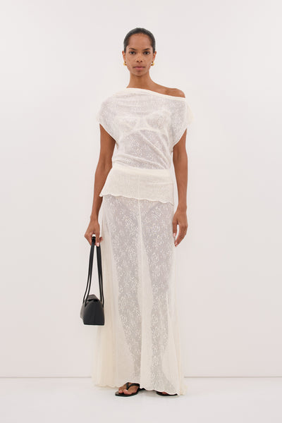 Kristen wearing DELIA OFF WHITE LACE OFF SHOULDER TOP