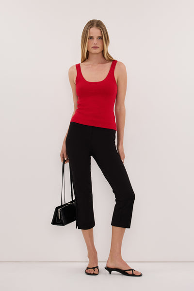 Zoe wearing BRIGETTE RED KNIT TANK