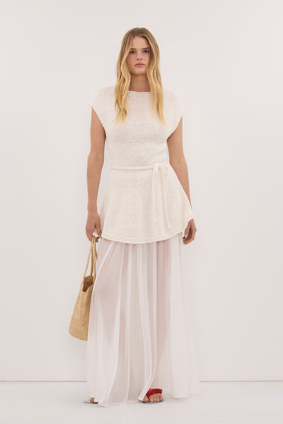 Zoe wearing MIREYA OFF WHITE KNIT PEPLUM TOP