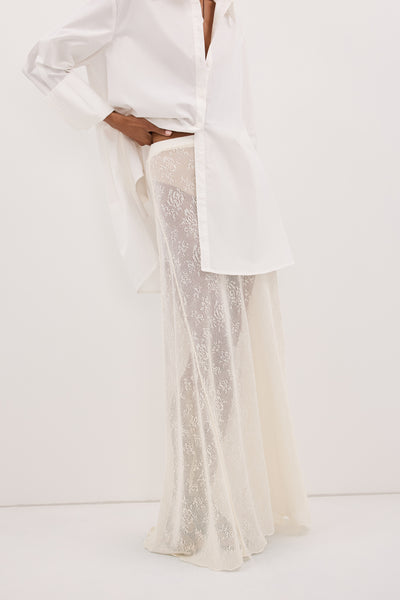 Kristen wearing DELIA OFF WHITE LACE MAXI SKIRT