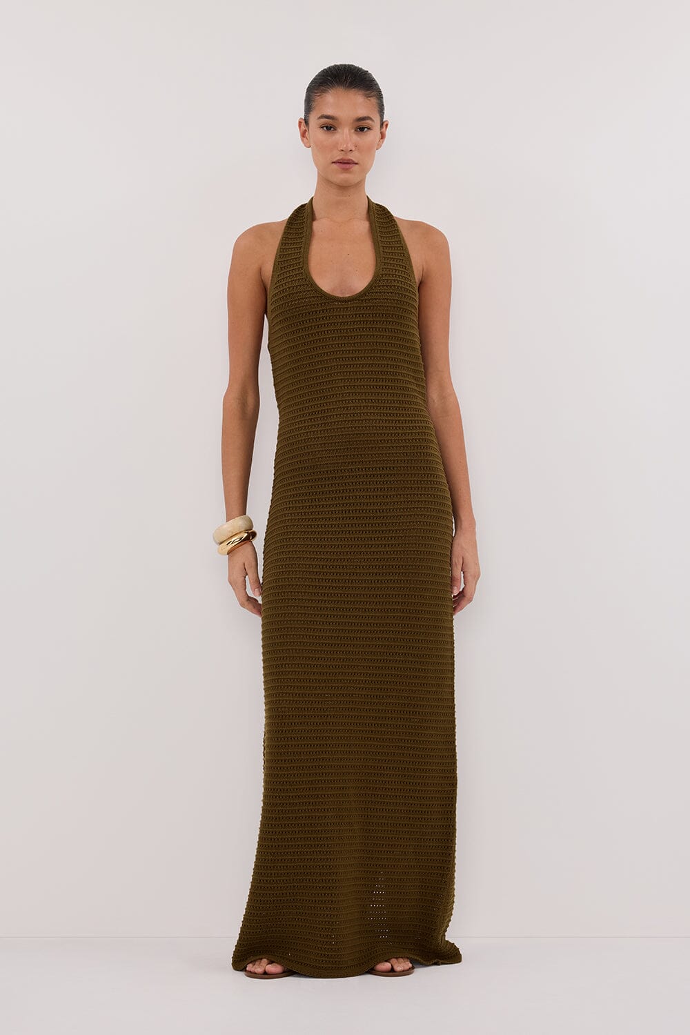 GINA OLIVE HALTER CROCHET DRESS Clothing DISSH Boutiques XXS OLIVE 