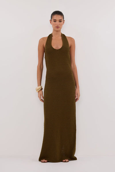 Aude wearing GINA OLIVE HALTER CROCHET MIDI DRESS