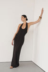 LISS BITTER CHOC HALTER KNIT MAXI DRESS - PRE ORDER