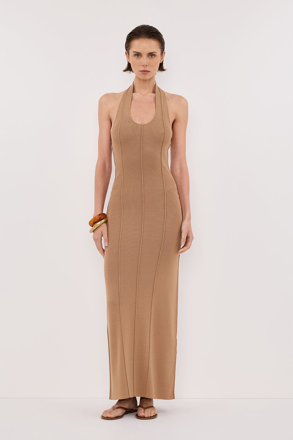 LISS TAN HALTER MAXI DRESS Clothing DISSH Boutiques XS TAN 