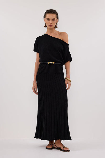 Stas wearing RICK BLACK ASYM KNIT MIDI DRESS