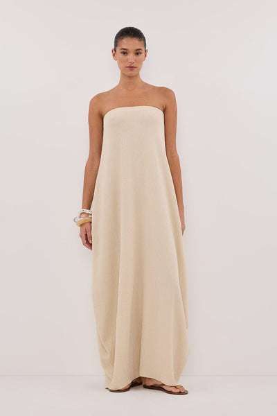 Aude wearing ALIAS NATURAL TEXTURED KNIT STRAPLESS MIDI DRESS